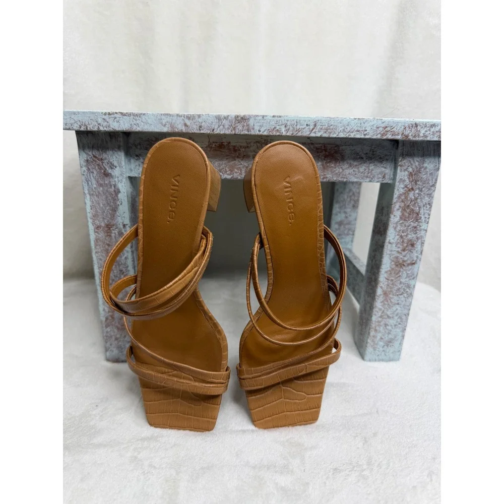 Vince Elita Sandal Womens 7M Tan Croc Embossed Leather Strappy Block Wood Heel